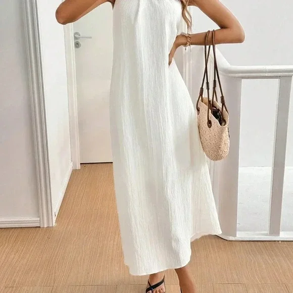 White Casual Women's Summer Solid Color Cross Halter Neck Straight Loose Dress - Picture 5 of 7
